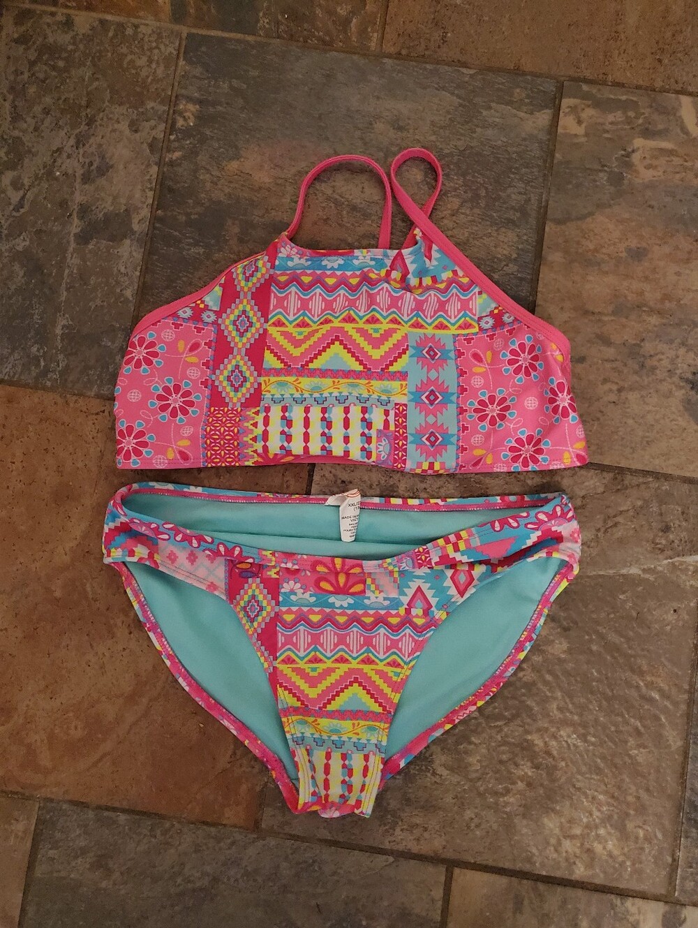 Girls' Pink & Aqua Tribal Print Two-Piece Swim Set